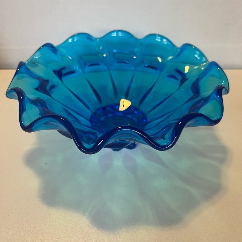 Vintage Ruffled Edges Blue Glass Decorative Bowl/Candy Dish